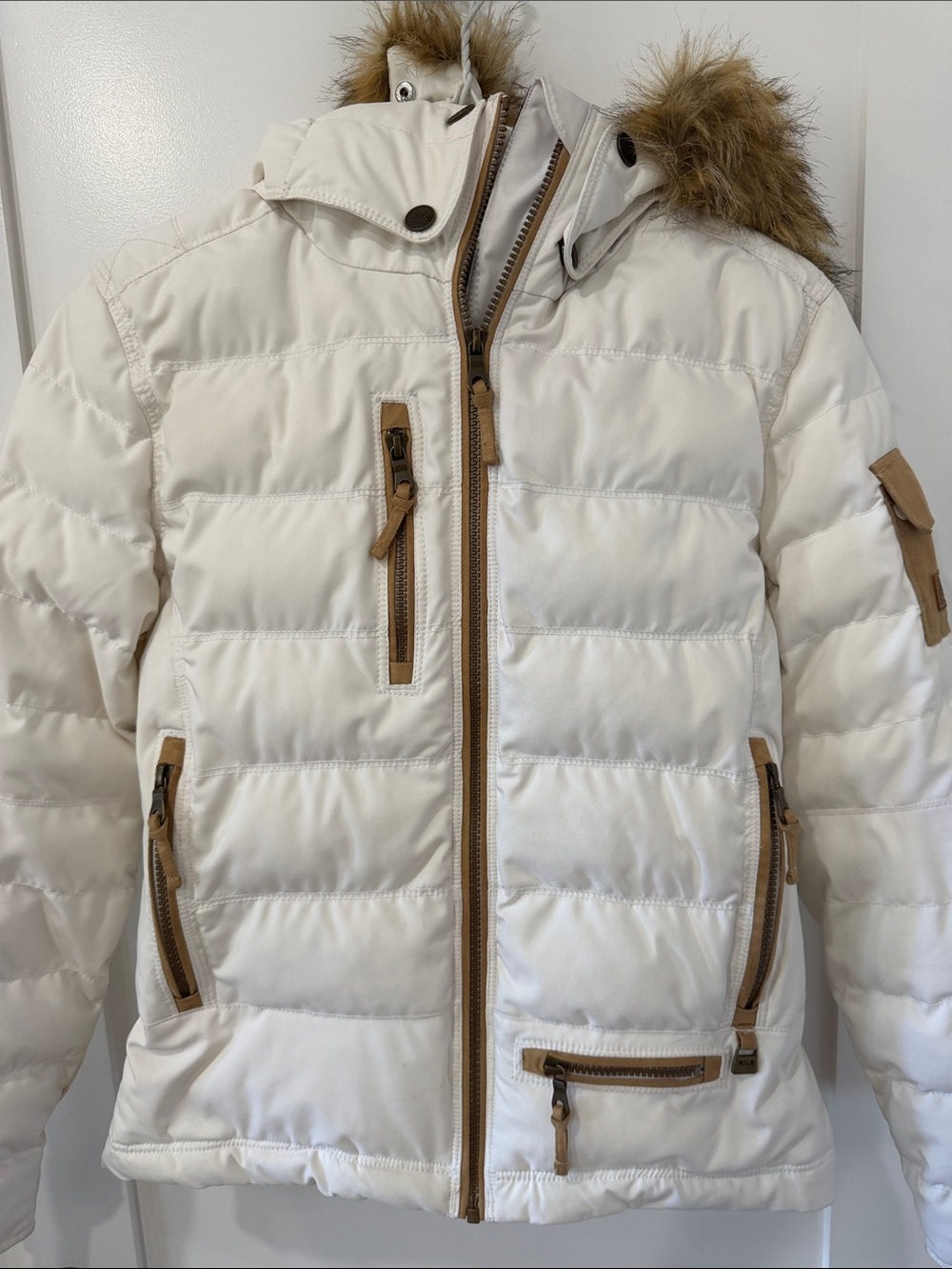 NILS White Puffer Ski Jacket with Brown Trim and Faux Fur Hood | Size 4